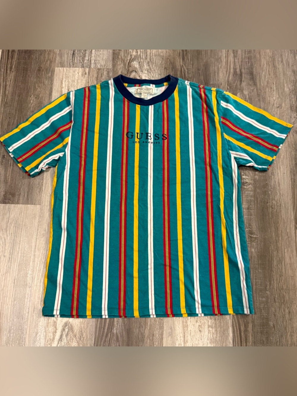 GUESS Los Angeles Teal Party Stripe Short Sleeve Crewneck CottonTee Men’s Sz M